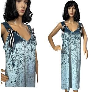 Double Standard crushed velvet blue pop over dress ribbon shoulder tie medium